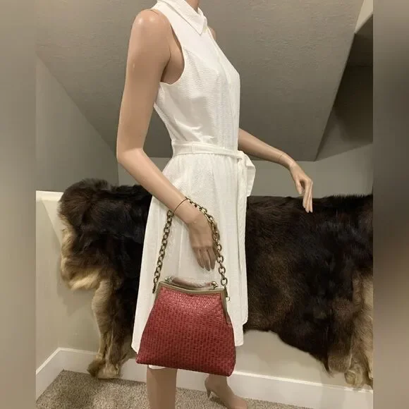 Handmade Genuine Woven Leather Double Kisslock Top Handle Bag & 2 Straps Style